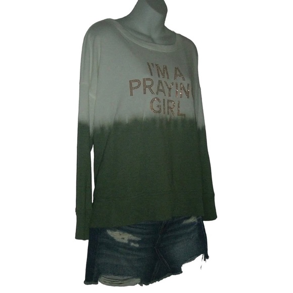 a.n.a Sweatshirt I'm A Praying Girl Army Green Dip Dye Studded Tie Beach Boho L - Picture 2 of 5